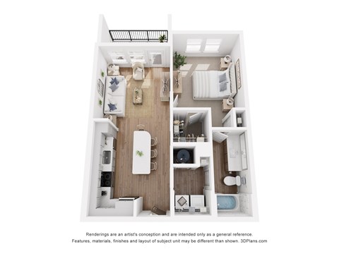 A 3D floor plan of a small apartment with a kitchen, living room, and bathroom.